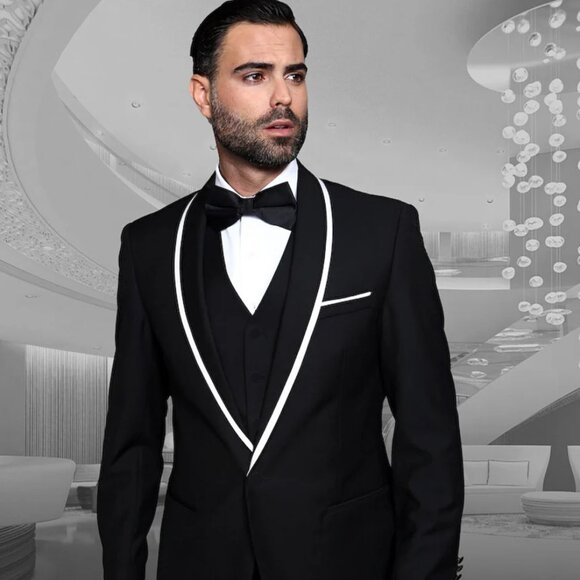 Mens Vested Wool Tuxedo in Shawl Lapel with Satin Trim in Black - Picture 1 of 2